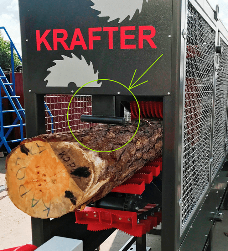 KRAFTER  Защитный модуль  Предназначен для того, чтобы оператор не смог подать слишком искривленное бревно, или диаметром выше максимально возможного  При подаче таких бревен на подающем транспортёре срабатывает концевик, который останавливает под...