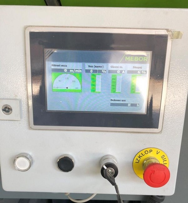 Mebor VTZ-1400 PLUS  Настройка шкивов и ленточных пил  Компьютер ПЛК, установленный на пильном узле для непосредственного регулирования выравнивания полотна, натяжения и замены пил  Автоматическое гидравлическое натяжение пилы – автоматически подд...