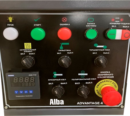 Alba Advantage 4 Ultra  Панель управления  Управление осуществляется с помощью пульта фирмы Alba  Пульт отображает настройки и рабочие параметры  Простое и понятное включение всех узлов станка  Отображение и настройка температуры клеевой ванны 