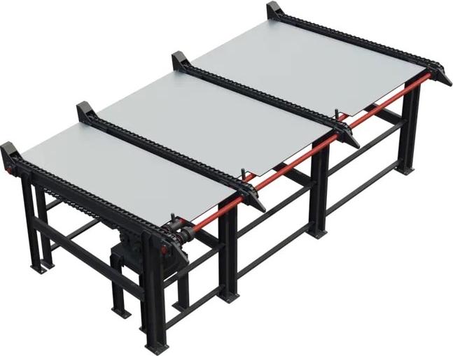 EcoWood UFP-260  Поперечный транспортер для сортировки досок  На данный приводной стол сбрасывается распиленный пиломатериал Вспомогательный персонал стягивает доски вручную и складывает их в пакеты Поперечный цепной транспортер ТЦП