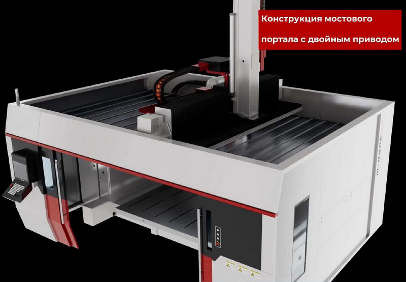 QUADRO DEFENDER 3020  Кинематическая схема и принципиальная конструкция станка  Подвижный портал и неподвижный стол стальной конструкции с ребрами жесткости  Продольное перемещение (ось X) производится с помощью оптимизированного по вес  QUADRO DE...