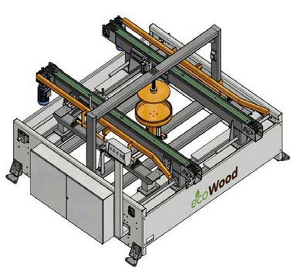 EcoWood Pallet Line 2500  Узел разворота поддона на 90°  Размер 2,0x2,4x1,3 м Длина паллет 800-1500 мм Ширина паллет 800-1500 мм Производительность 4-6 шт/мин Мощность 0,75 кВт 
