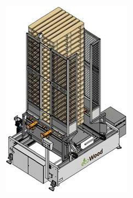 EcoWood Pallet Line 2500  Гидравлический автоукладчик/штабелер поддонов  Размер 2,5x3,4x3,7 м Длина паллет 800-1500 мм Ширина паллет 800-1500 мм Производительность 4-6 шт/мин Мощность 3,7 кВт 