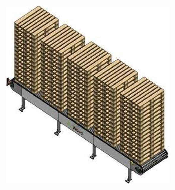 EcoWood Pallet Line 2500  Выводной приёмный конвейер для стопок  Размер 6,1x1,5x1 м Длина паллет 800-1500 мм Ширина паллет 800-1500 мм Мощность 2,2 кВт 